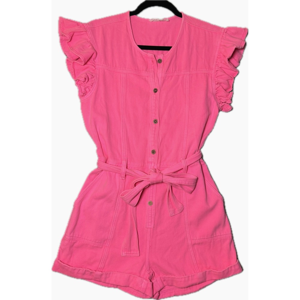 Day + Moon Romper Women Size S Pink Ruffle Sleeve Tie Waist Denim Cotton Blend